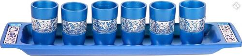 Set of 6 Cups + Plate Kiddush Set with Silver Lace- Blue