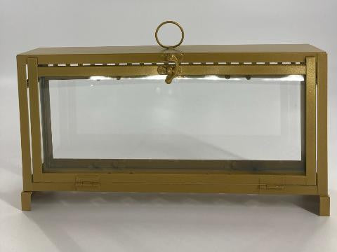 Gold frame glass menorah house with a ring handle