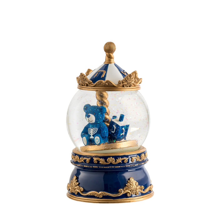 Glass Chanukah globe on a decorative base with wind-up mechanism