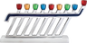 Silver aluminum menorah with slanted bars, a long blue curve, multicolor cups and a raised red shamash