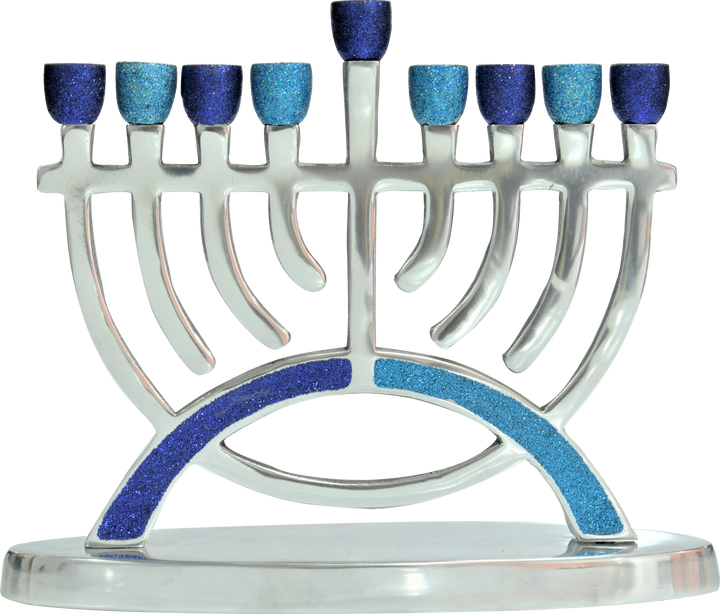 Silver aluminum menorah with blue glitter cups and a blue glitter arch across the lower branches