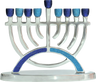 Silver aluminum menorah with blue glitter cups and a blue glitter arch across the lower branches