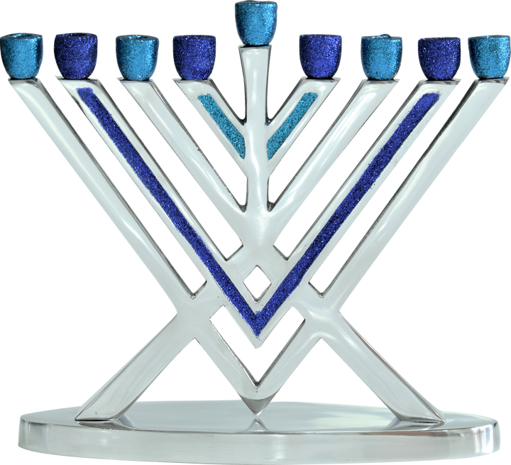 Rambam-style silver aluminum menorah with straight diagonal arms, blue glitter inlays and blue cups