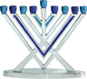 Rambam-style silver aluminum menorah with straight diagonal arms, blue glitter inlays and blue cups