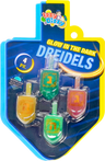 Four assorted color glow in the dark dreidels on a card marked Glow in the Dark