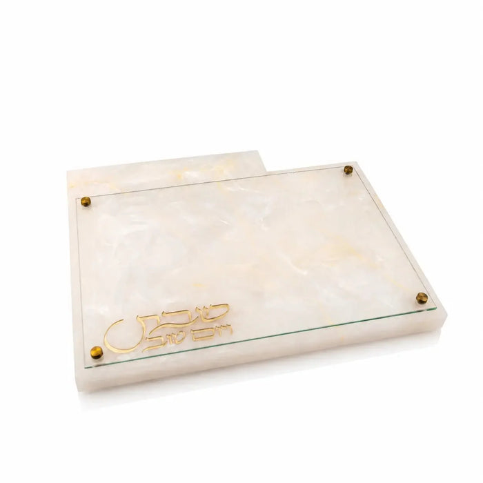 Gold marbled resin challah board with glass top and integrated knife slot