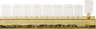 Gold oil menorah bar with Hebrew lettering holding nine clear glass cups and a raised shamash