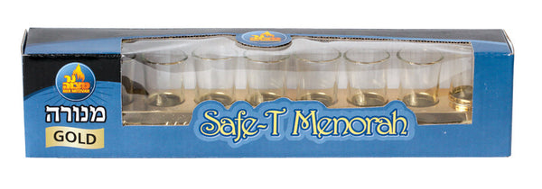 Boxed gold Safe-T oil menorah strip with nine clear glass cups seated in a straight row