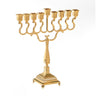 Gold-plated candle menorah with curved arms, slim stem and a square stepped base