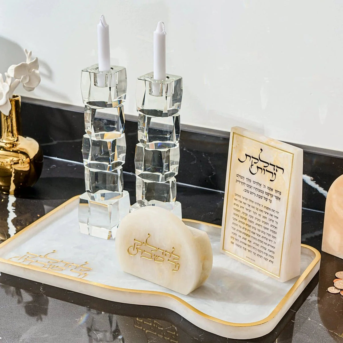 Gold resin match holder with concealed drawer open for a standard matchbox