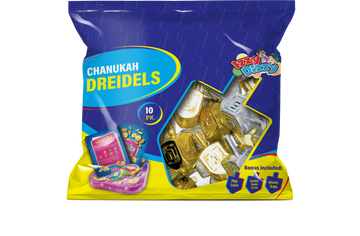 Chanukah Dreidels pouch of ten medium gold and silver metallic dreidels