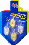 Two gold and two silver metallic dreidels on an Izzy n Dizzy dreidel shaped card