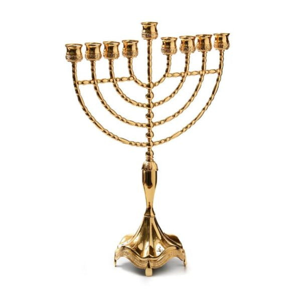 Gold-tone menorah with patterned nested curved arms, a raised shamash and a footed base