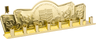 Gold tin menorah with an embossed back wall and a row of cylinder cups