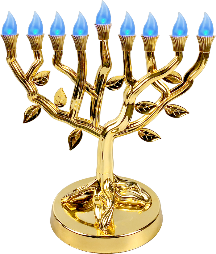Gold-tone Tree of Life LED menorah with illuminated branch tips