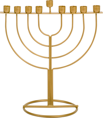 Gold open wireframe menorah with nested arched arms rising from a round base