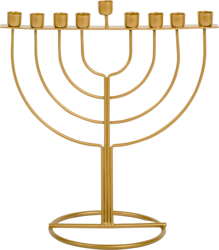 Gold open wireframe menorah with nested arched arms rising from a round base