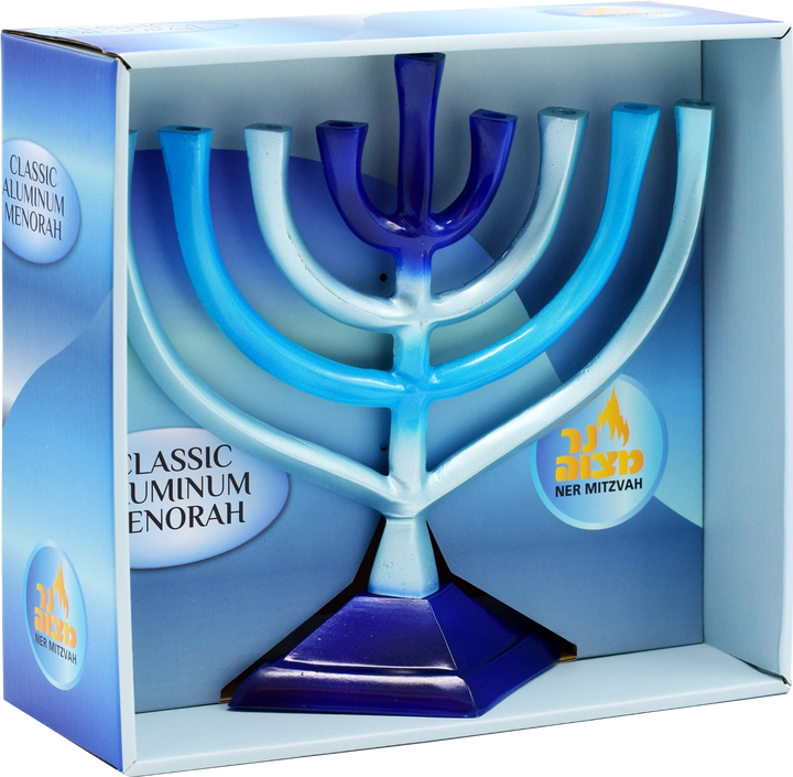Aluminum menorah with curved arms shading from pale to deep blue on a squared base, in its gift box