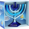 Aluminum menorah with curved arms shading from pale to deep blue on a squared base, in its gift box