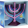 Aluminum menorah with curved arms shading from pink to deep purple on a squared base, in its gift box