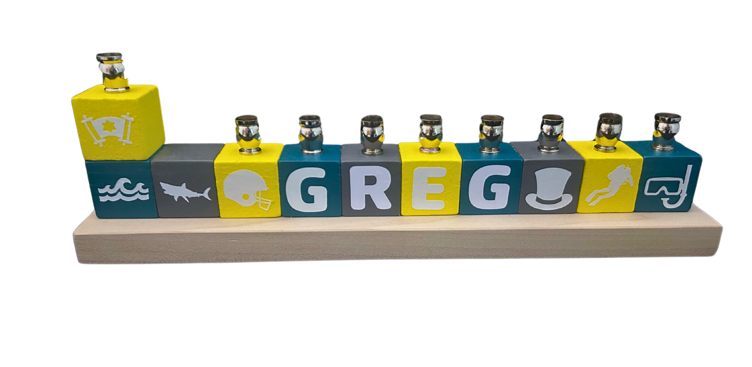 Personalized name block menorah — hand-painted blocks with vinyl letters and nickel cups | Judaica Square Lakewood (view 12)