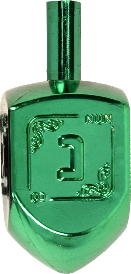 Close-up of a green metallic Chanukah dreidel with embossed Hebrew letter nun and decorative corners