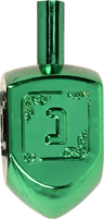Close-up of a green metallic Chanukah dreidel with embossed Hebrew letter nun and decorative corners