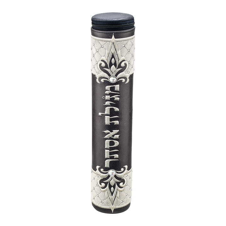 Grey quilted velvet Megillah case with silver embroidery
