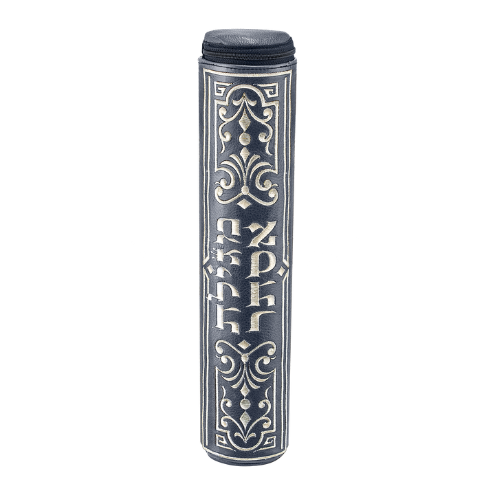 Grey Megillah case with ornate silver embroidery