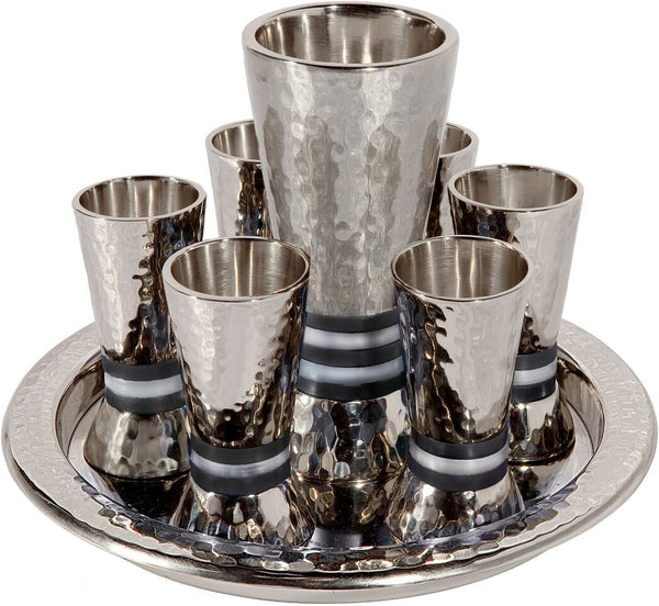 Emanuel Hammered Kiddush Set Cone Shape- Black Rings (EM-GSC4)