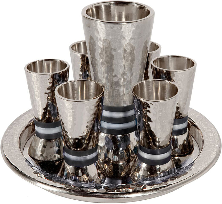 Emanuel Hammered Kiddush Set Cone Shape- Black Rings (EM-GSC4)