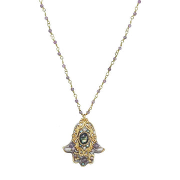 Hamsa Necklace, Abalone and Amethyst, 24k Gold Plated, Michal Golan, front view