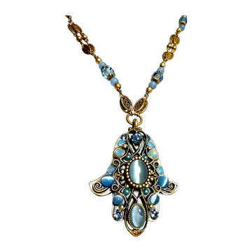 Hamsa Necklace, Bluebell, Swarovski and Cat's Eye, Michal Golan, front view