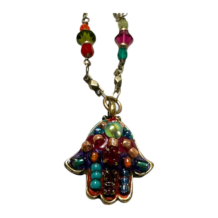 Hamsa Necklace, Multicolor Glass Mosaic, Michal Golan, front view