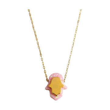 Hamsa Necklace, Pink Opal, Gold Plated Sterling Silver, 16 Inch, front view