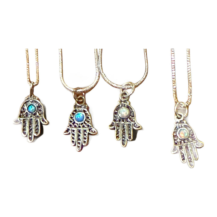 Hamsa Necklace, Sterling Silver Filigree with Blue or White Opal, options view