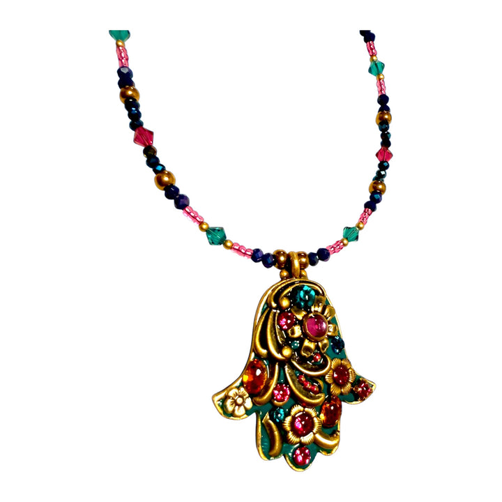 Hamsa Necklace, Teal, Swarovski Crystals, Gold Plated Brass, Michal Golan, front view