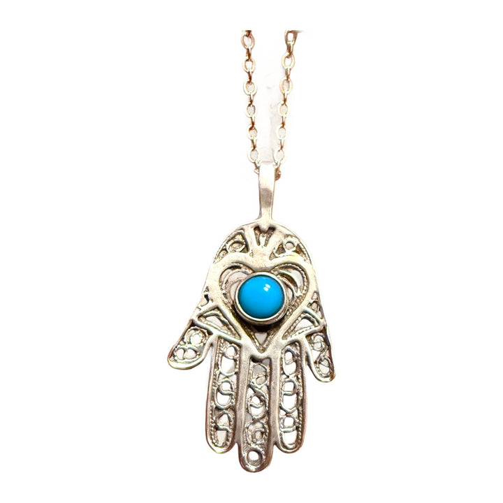 Hamsa Necklace, Turquoise Stone, Sterling Silver Filigree, front view