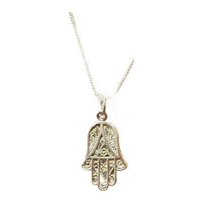Hamsa Necklace, Vintage Style Sterling Silver Filigree, 18 Inch, front view