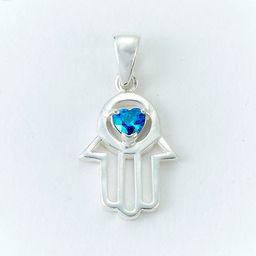 Rite Lite Hamsa Pendant with Blue Stone, Sterling Silver, 0.75 Inch