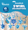 Blue and white Chanukah swirl decorations package with menorah and star cutouts