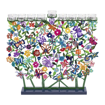 Hanukkah Menorah, Painted Laser Cut Butterflies, Large, front view