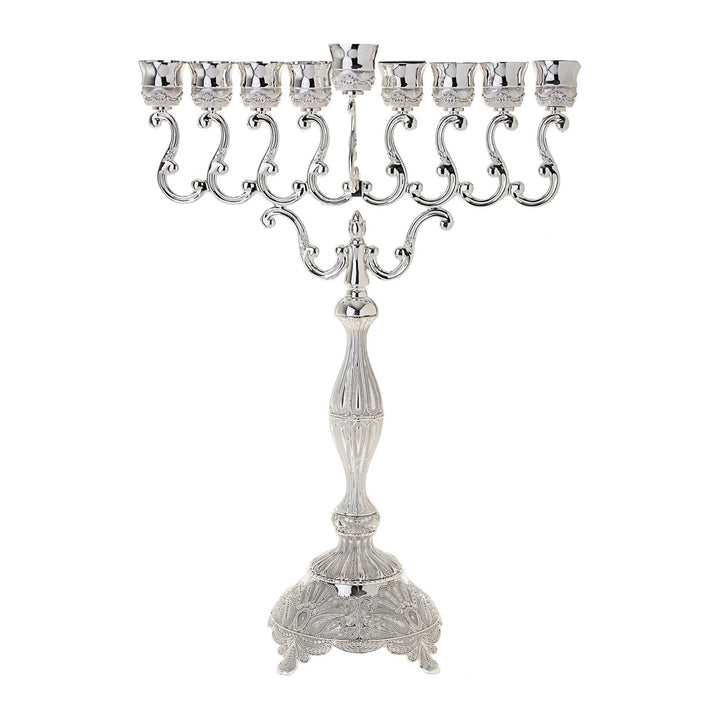 Hanukkah Menorah, Silver Plated, Large, 27 in, Scroll Arms, front view