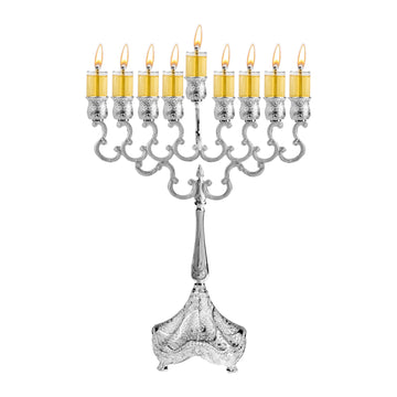 Hanukkah Oil Menorah, Silver Plated, 12 in, for Oil Cups and Wicks, front view