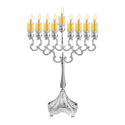 Hanukkah Oil Menorah, Silver Plated, 12 in, for Oil Cups and Wicks, front view