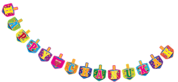 Happy Chanukah banner of colorful dreidel shaped letter cards
