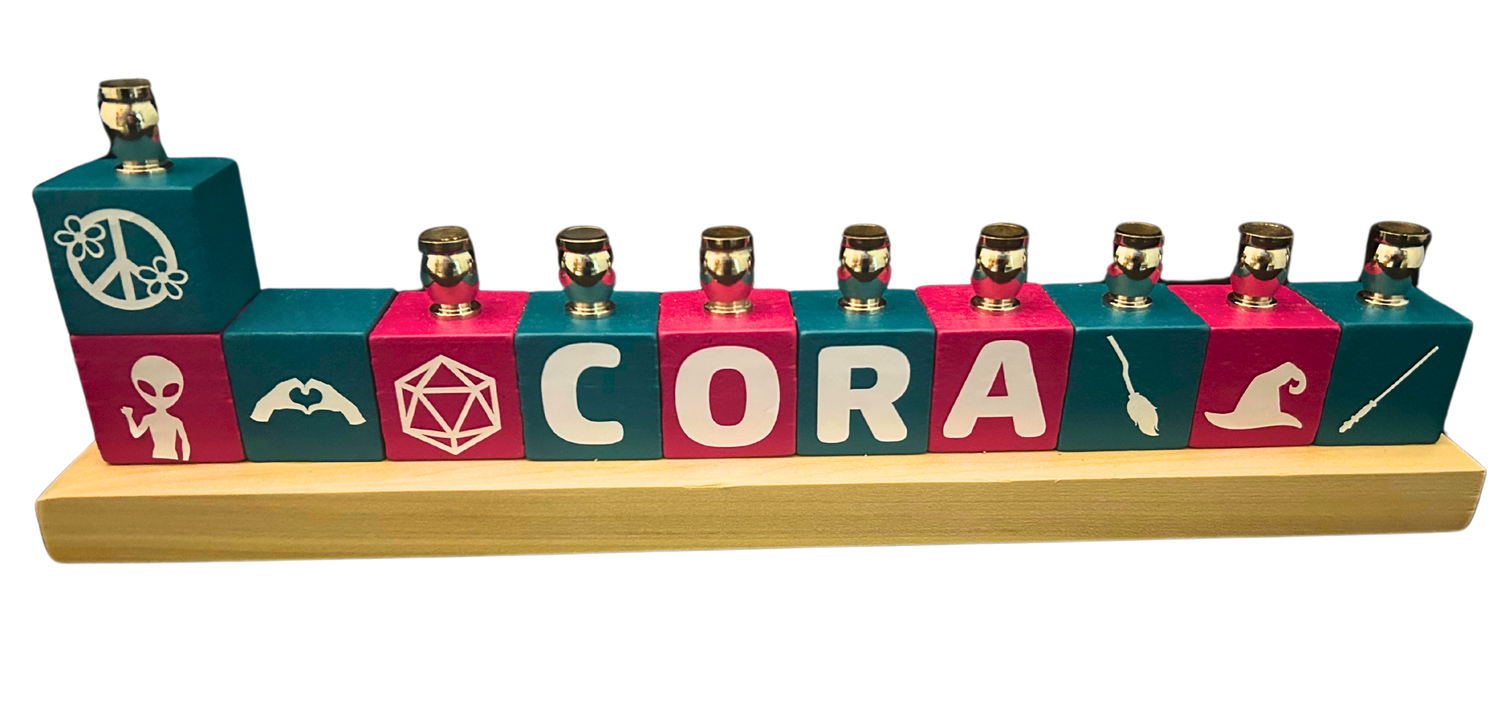 Personalized name block menorah — hand-painted blocks with vinyl letters and nickel cups | Judaica Square Lakewood (view 20)