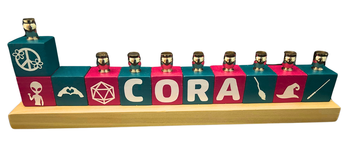 Teal and hot pink personalized name-block menorah color example