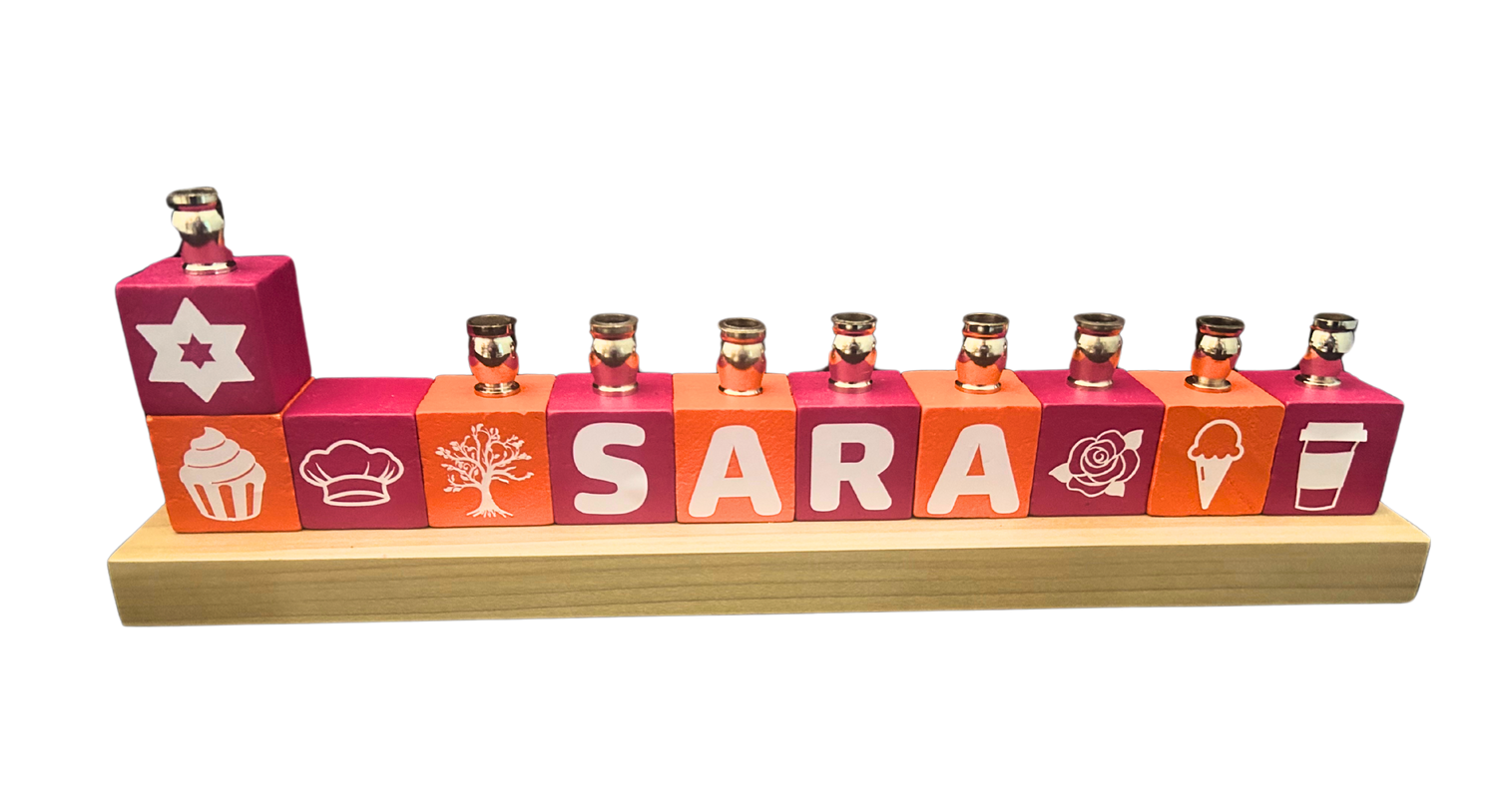 Personalized name block menorah — hand-painted blocks with vinyl letters and nickel cups | Judaica Square Lakewood (view 14)
