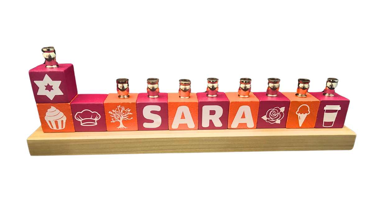 Hot pink and orange personalized name-block menorah color example